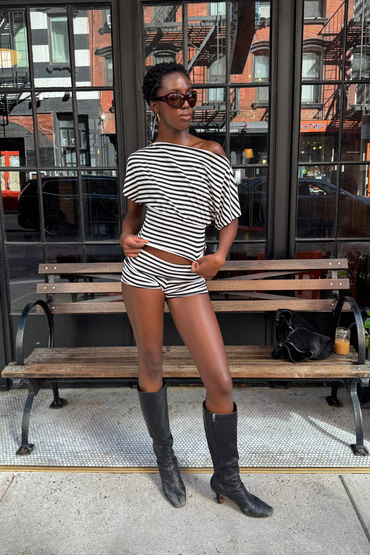 foldover stripe micro shorts and off the shoulder top set