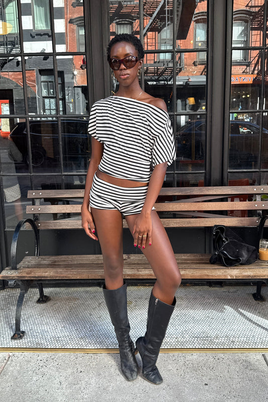 foldover stripe micro shorts and off the shoulder top set