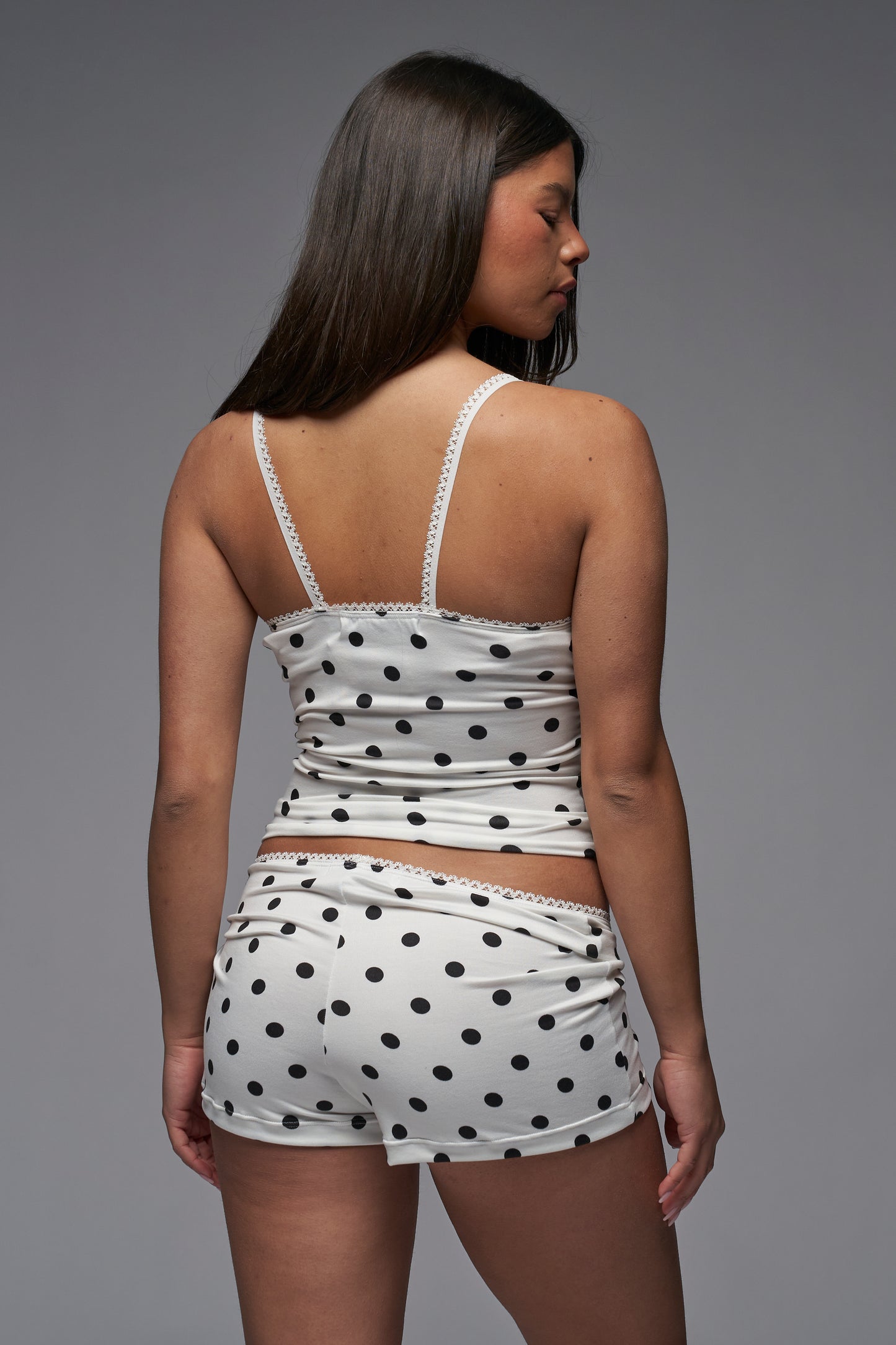 white and black comfy polka dot tank and shorts set