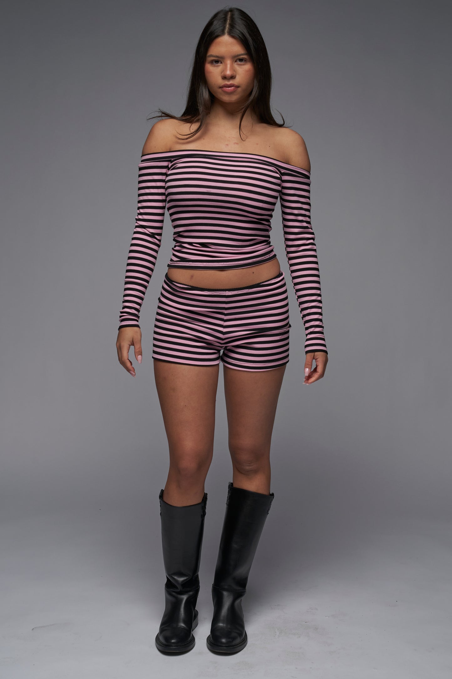 pink and black striped pj set with shorts and an off the shoulder top