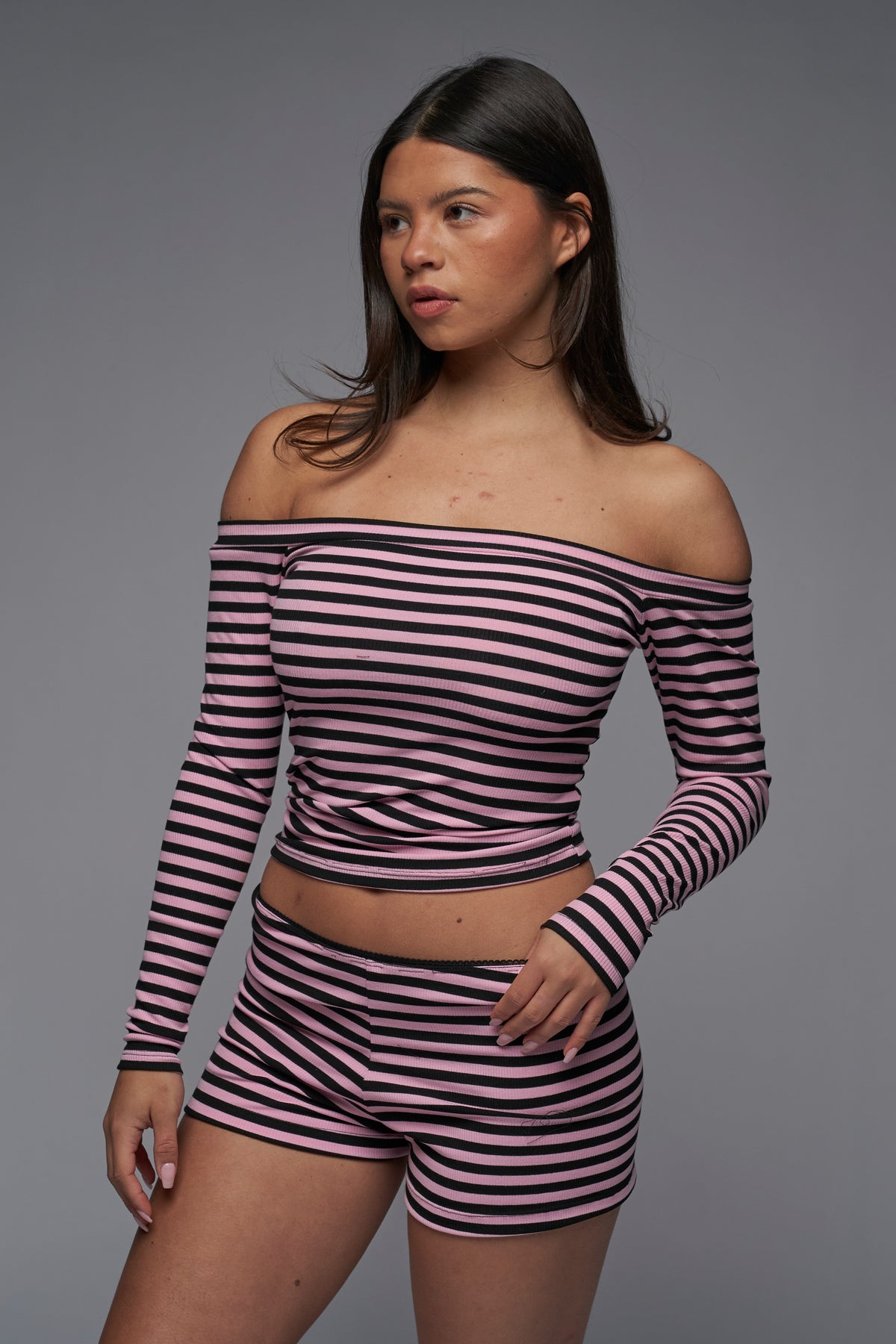 pink and black striped pj set