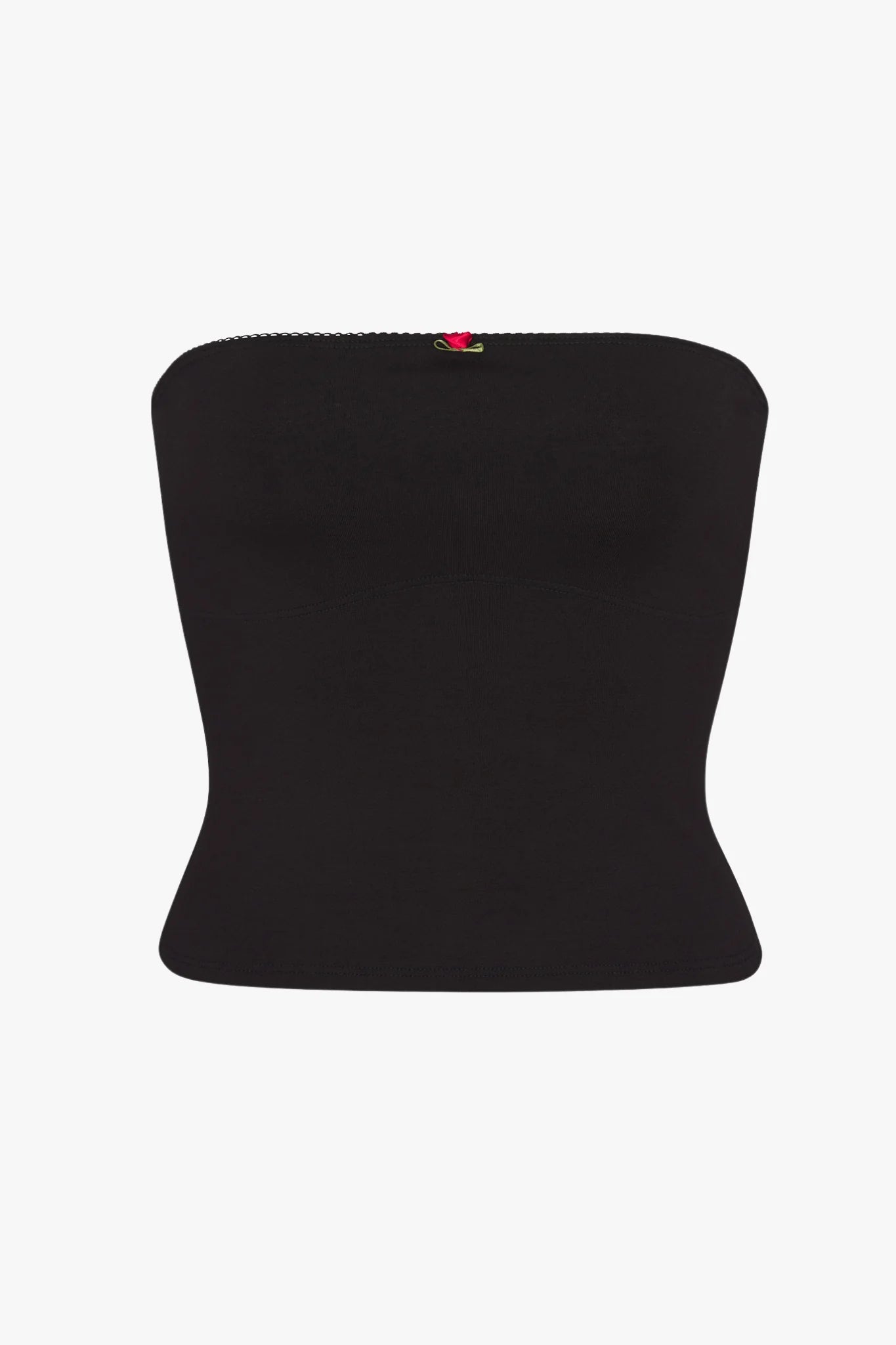 This image displays a soft black, lined contour tube top, offering a sleek and comfortable fit. Crafted from small batches using eco-friendly Tencel fibers, the tube top highlights a double-layered bust panel that provides extra coverage and a flattering curve shape.