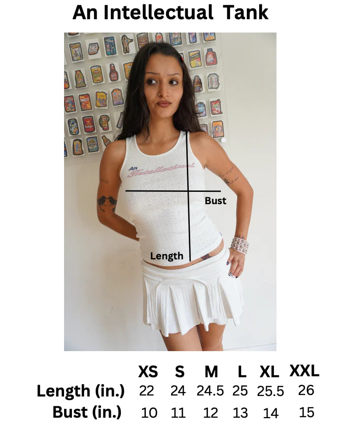 girl wearing a white graphic pointelle tank top