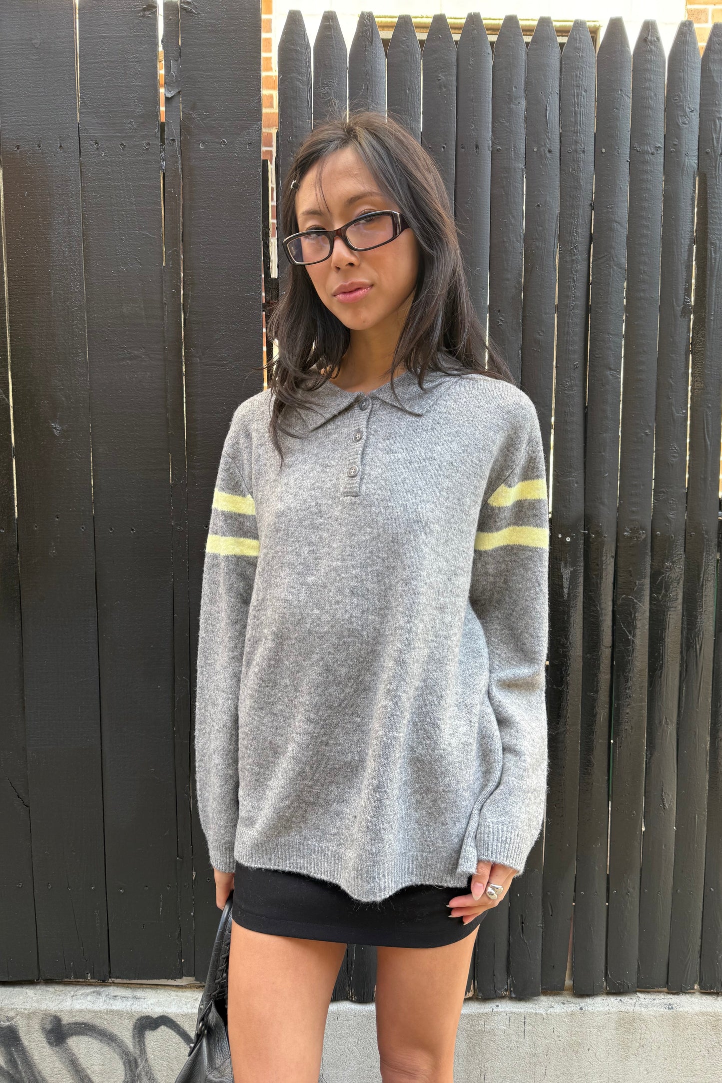 striped polo sweater in charcoal