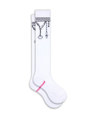 White knee-high socks with black chain design and pink text on a white background
