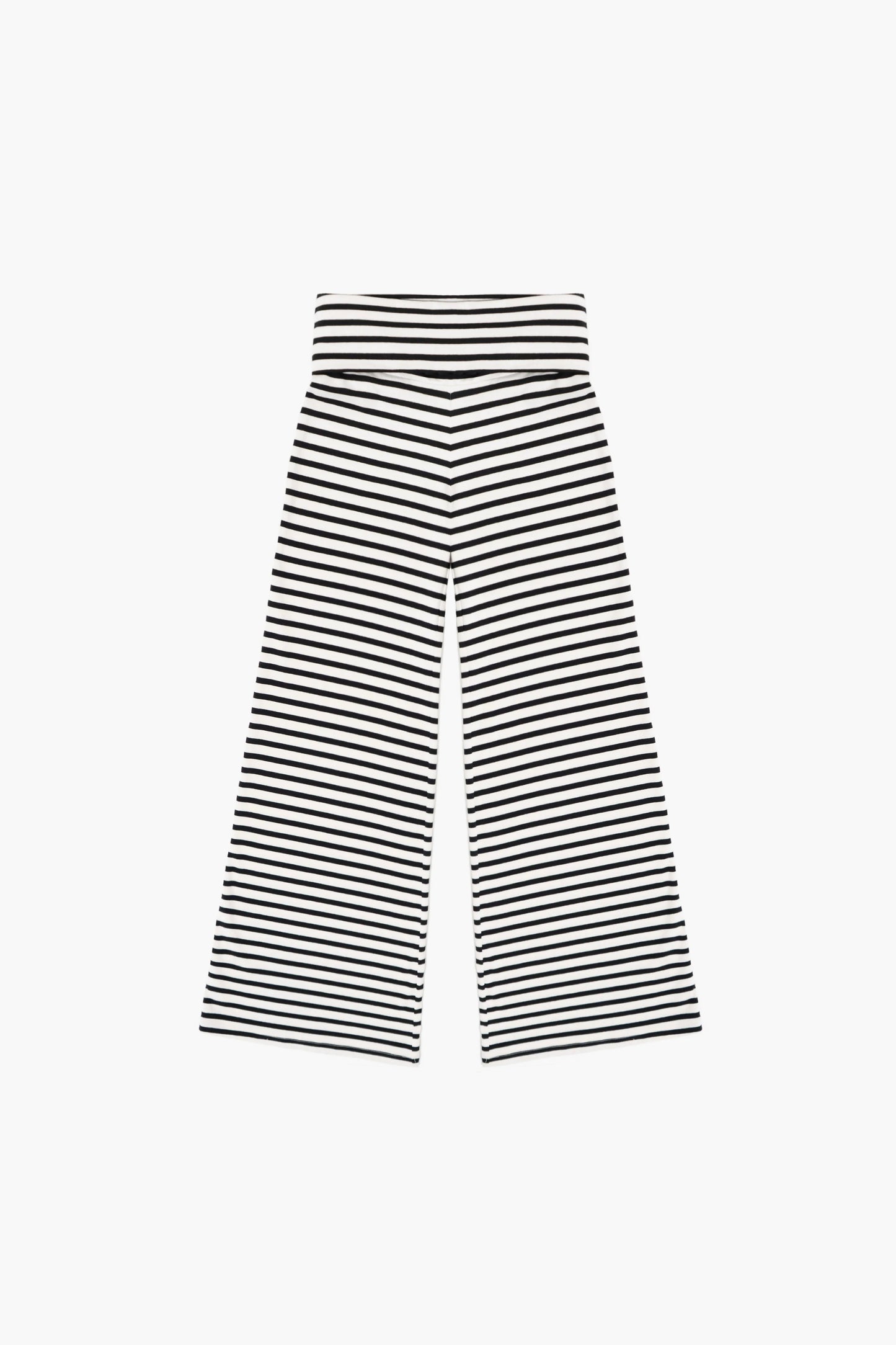 Black and white striped foldover pants on a white background
