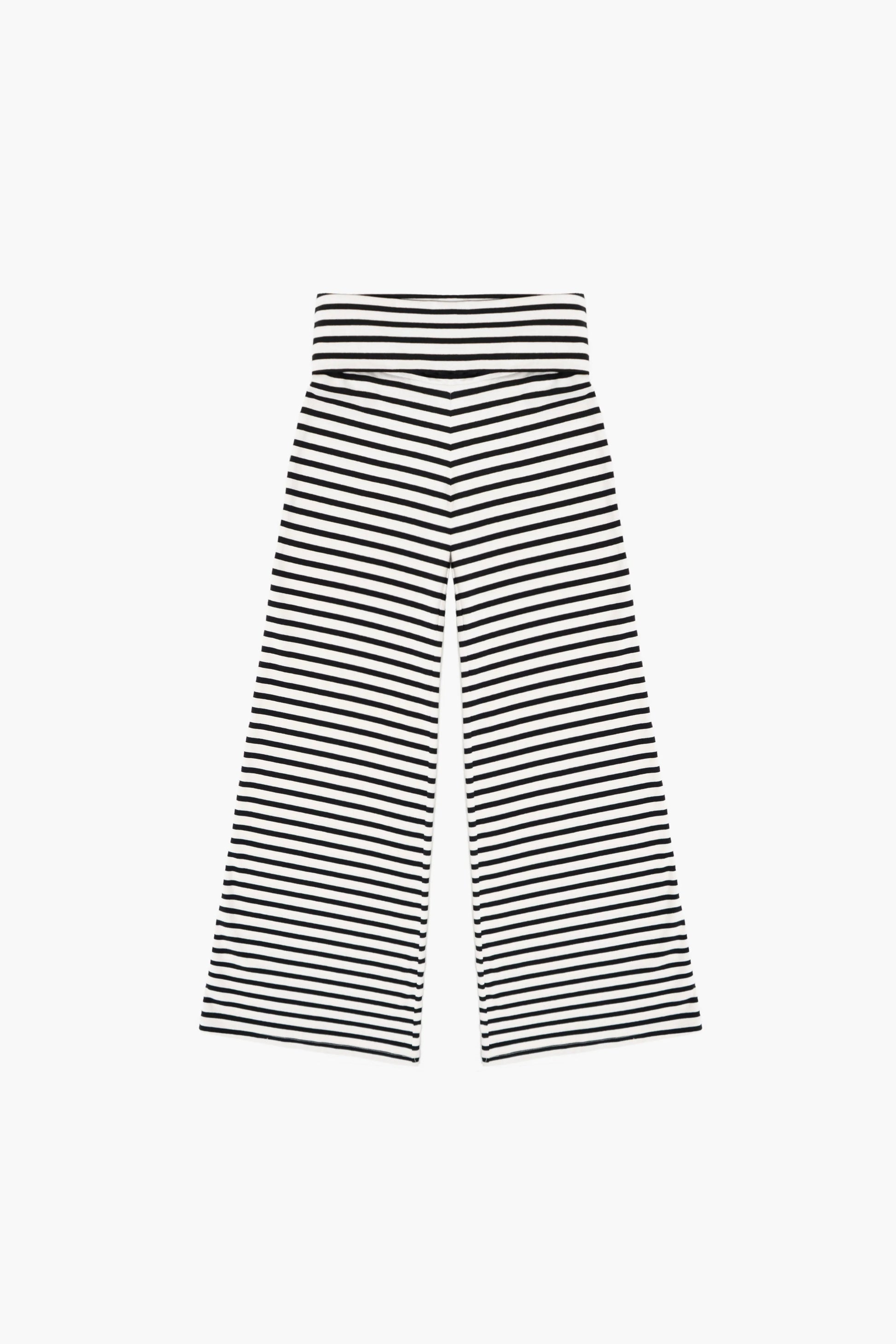 Black and white striped foldover pants on a white background