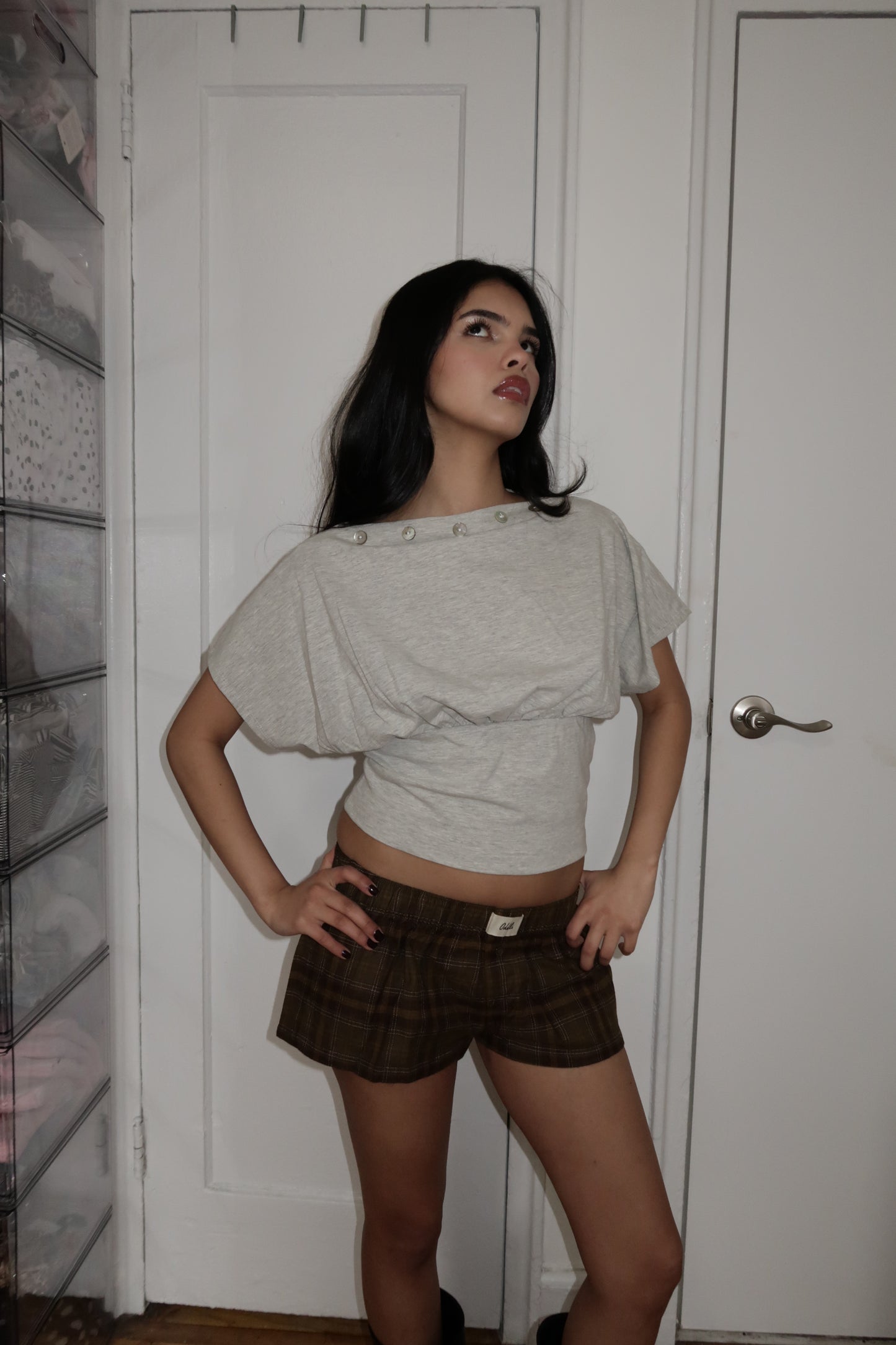 grey off the shoulder t shirt with sinch at waist