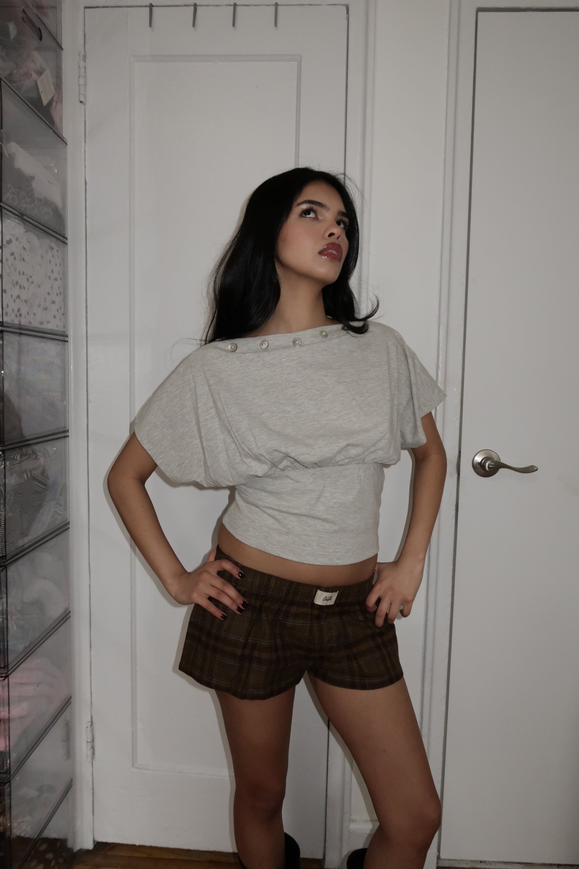 grey off the shoulder t shirt with sinch at waist