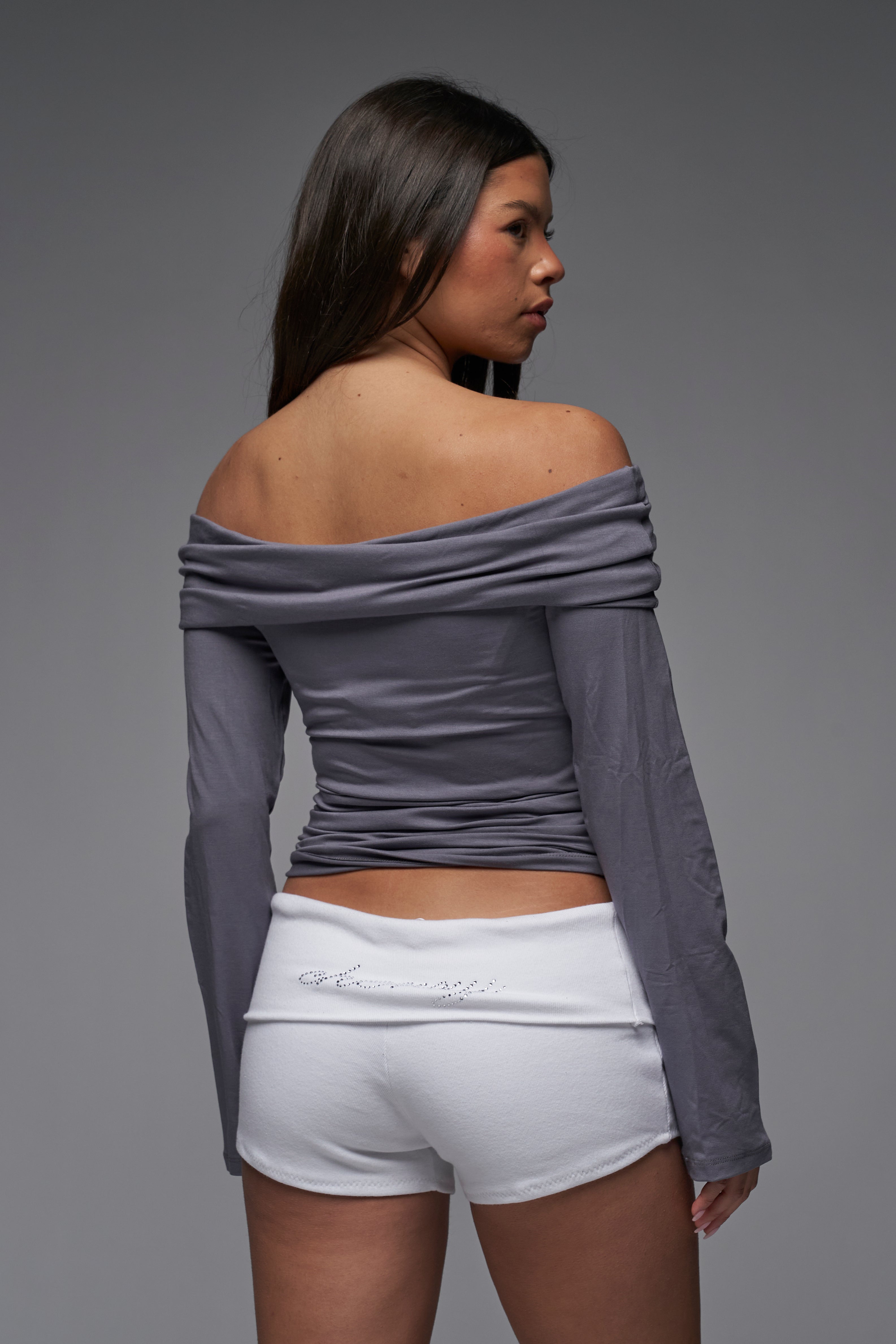 Luca Top in Grey - Off-Shoulder Long Sleeve | Deadstock Fabric