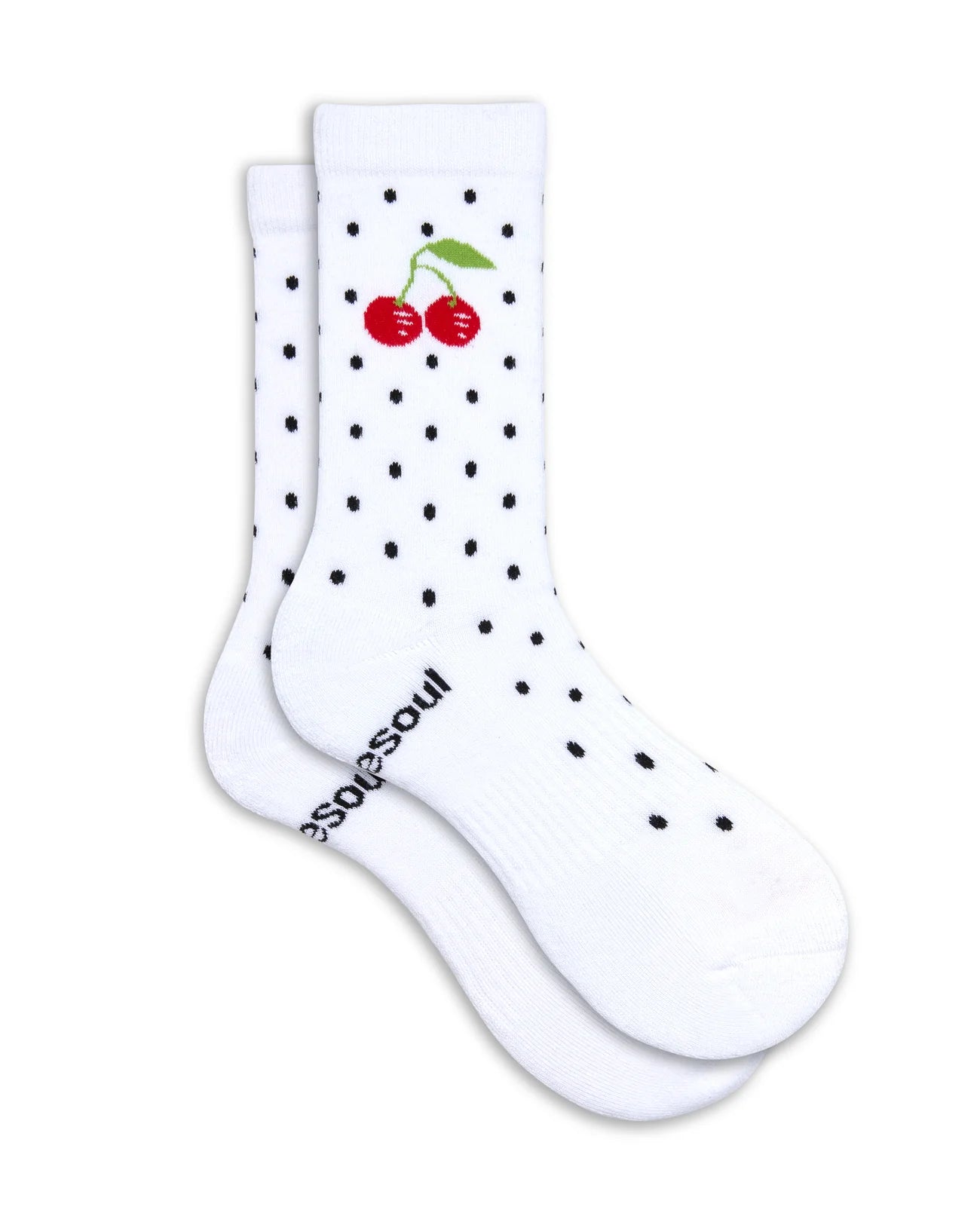 White socks with black polka dots and cherry design on a white background