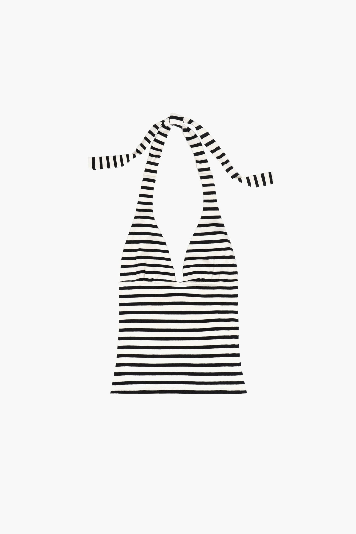 Black and white striped halter top on a white background