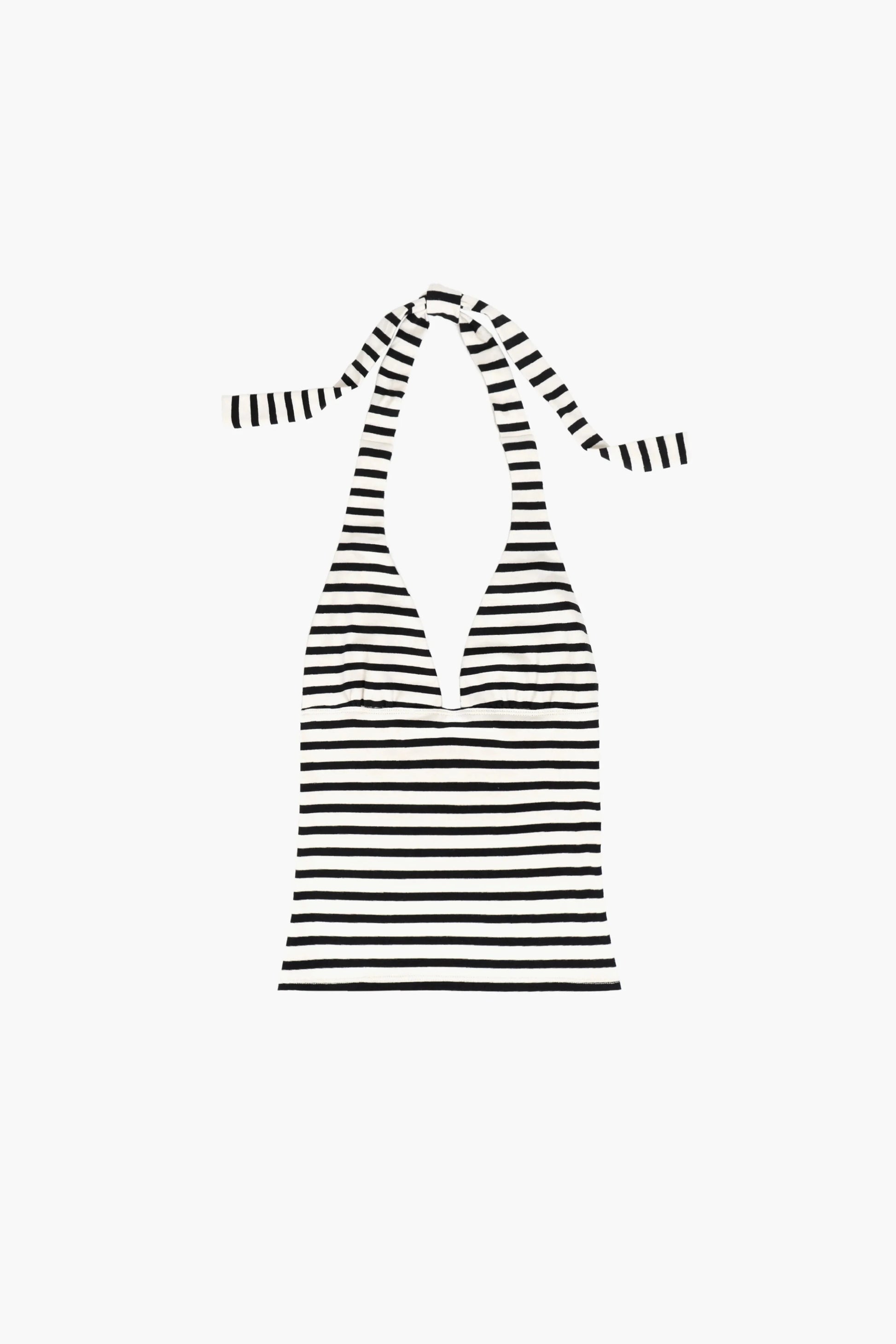 Black and white striped halter top on a white background