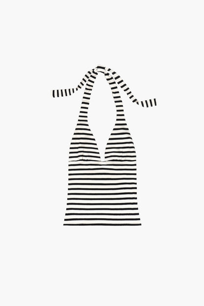 Black and white striped halter top on a white background