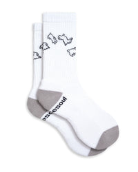 White socks with black paw prints and gray toes on a white background