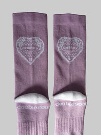 purple and white trendy doublesoul socks with cute white lace detailing