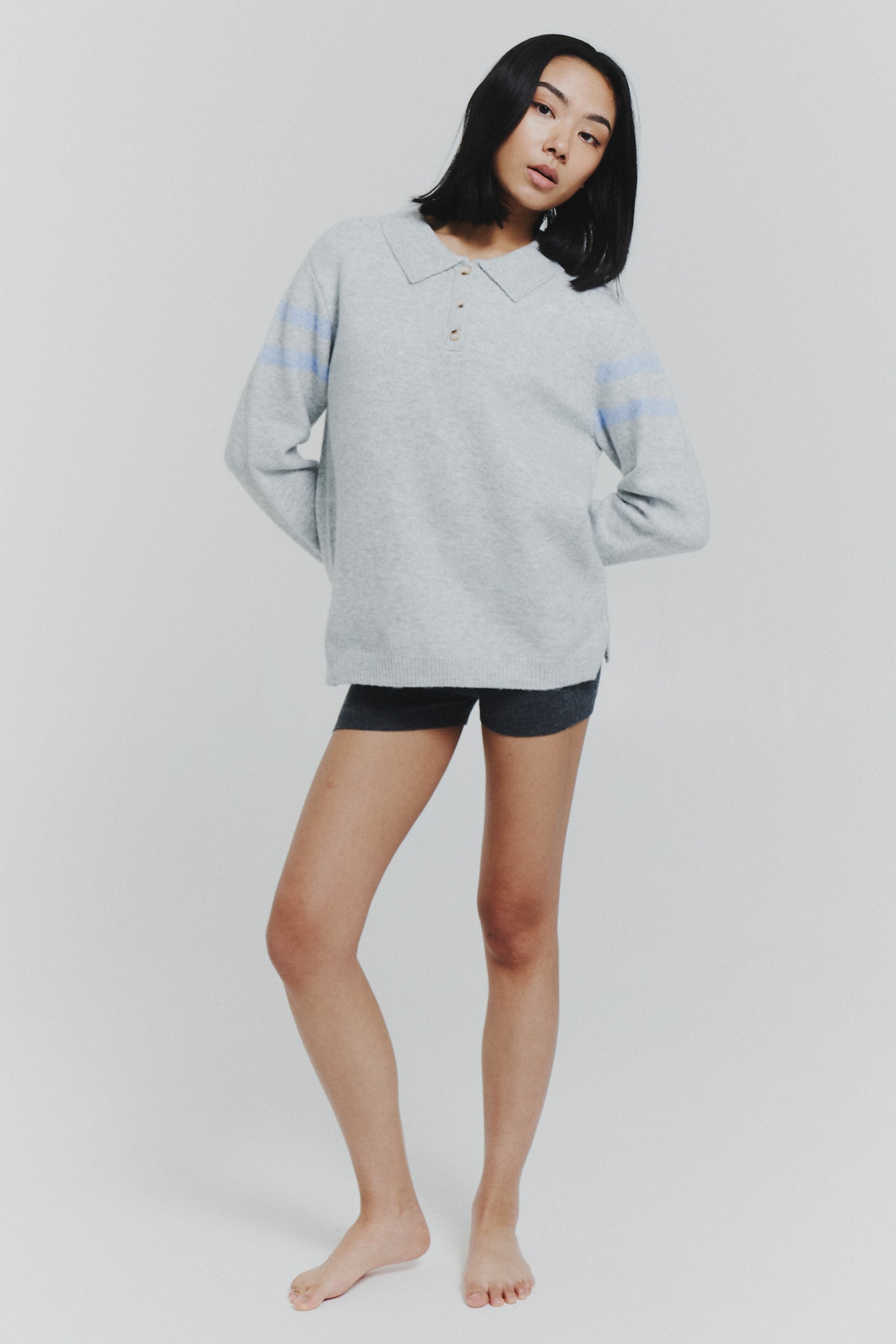 striped polo sweater in grey