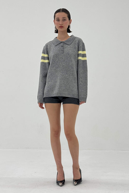 striped polo sweater in charcoal