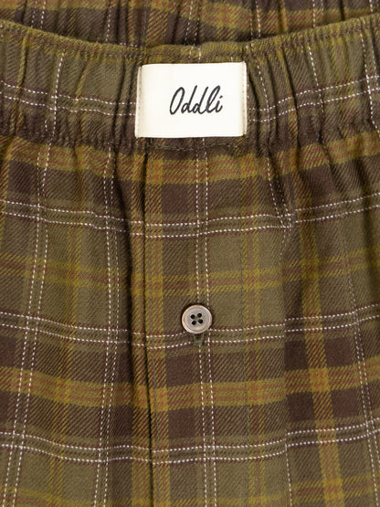 Plaid pants with a visible Oddli label