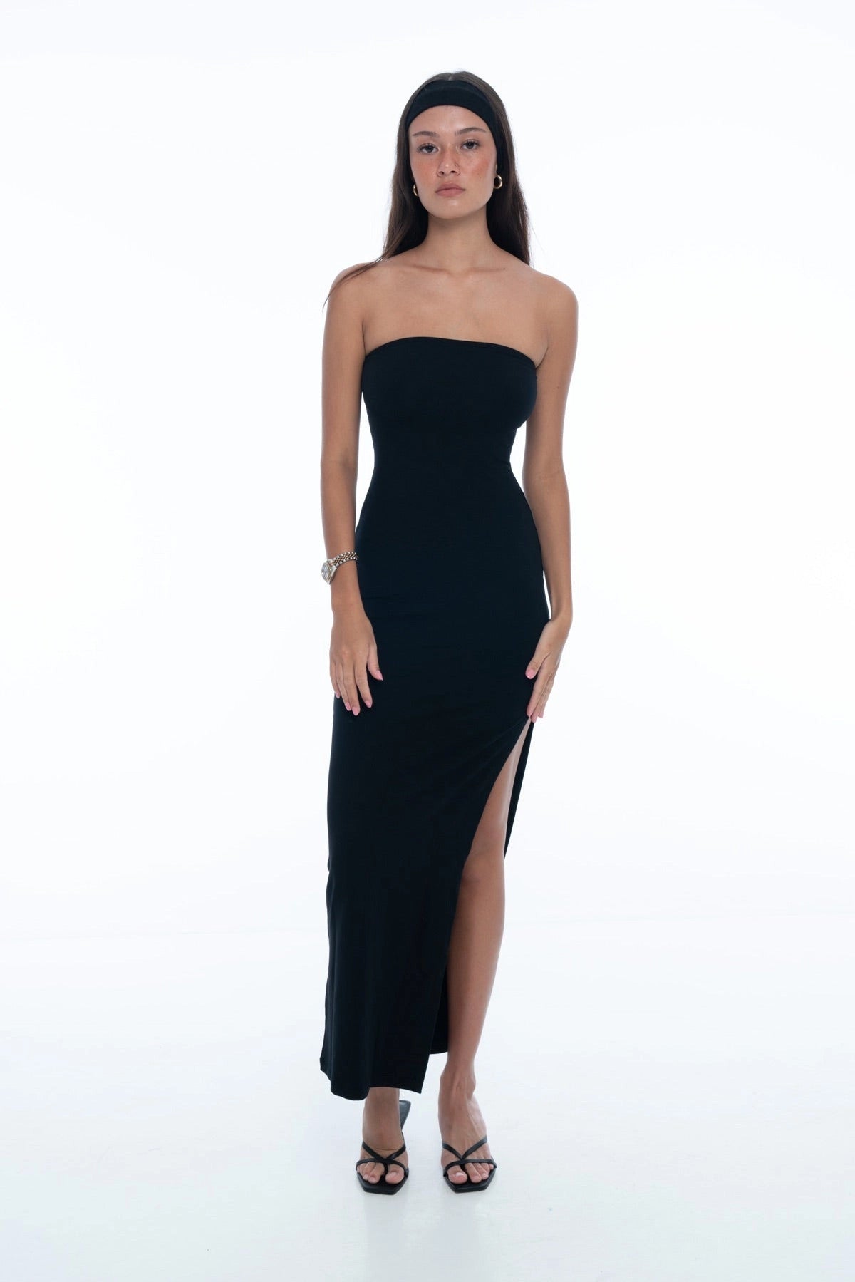 long black strapless dress with slit on left side