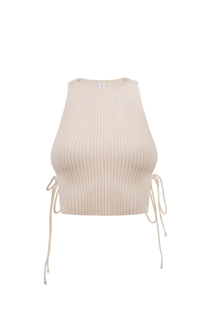 floating image of halcyon top, a ribbed knit tank top secured by a tie on each side.