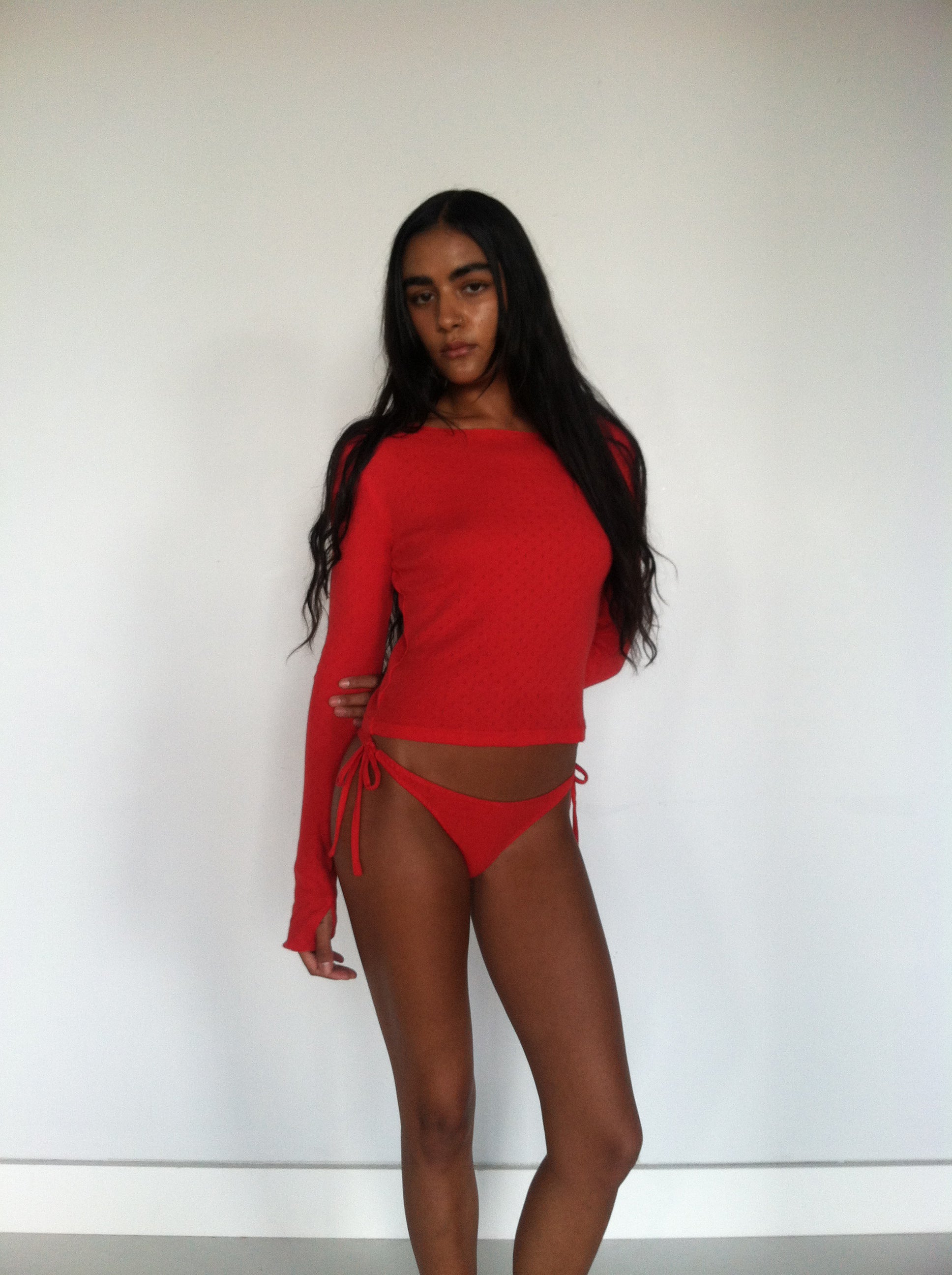 Jane Long Sleeve - Ruby Red Cotton Pointelle Top | Thumb Holes