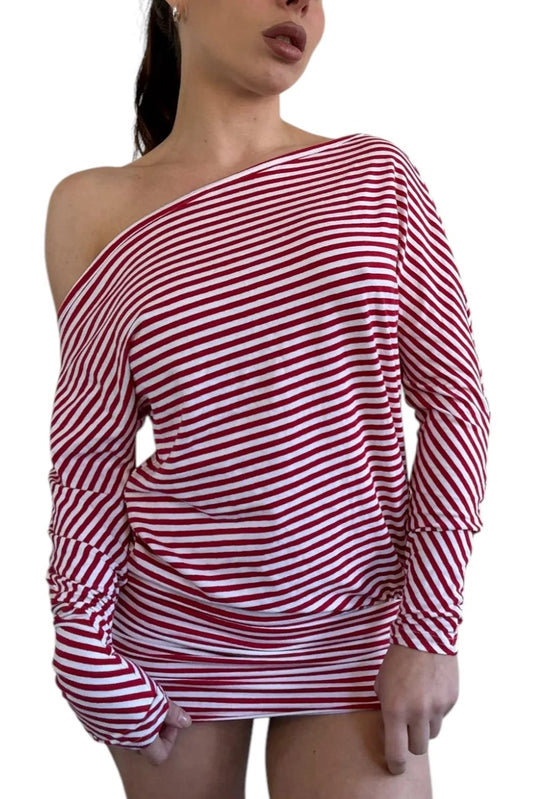 model wearing a red and white striped dress with an off-the-shoulder design and short length
