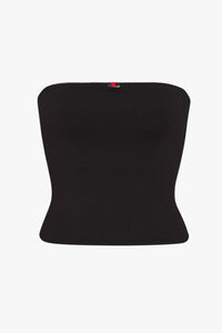 This image displays a soft black, lined contour tube top, offering a sleek and comfortable fit. Crafted from small batches using eco-friendly Tencel fibers, the tube top highlights a double-layered bust panel that provides extra coverage and a flattering curve shape.